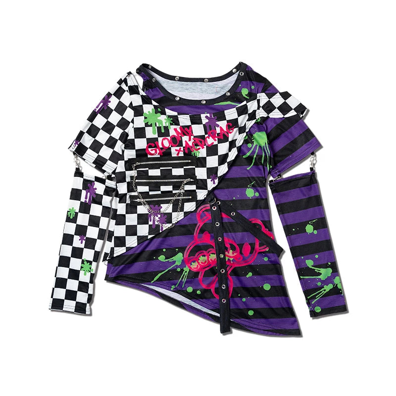Tshirt Manica Lunga Gloomy Purple Stripes and Black & White Checked