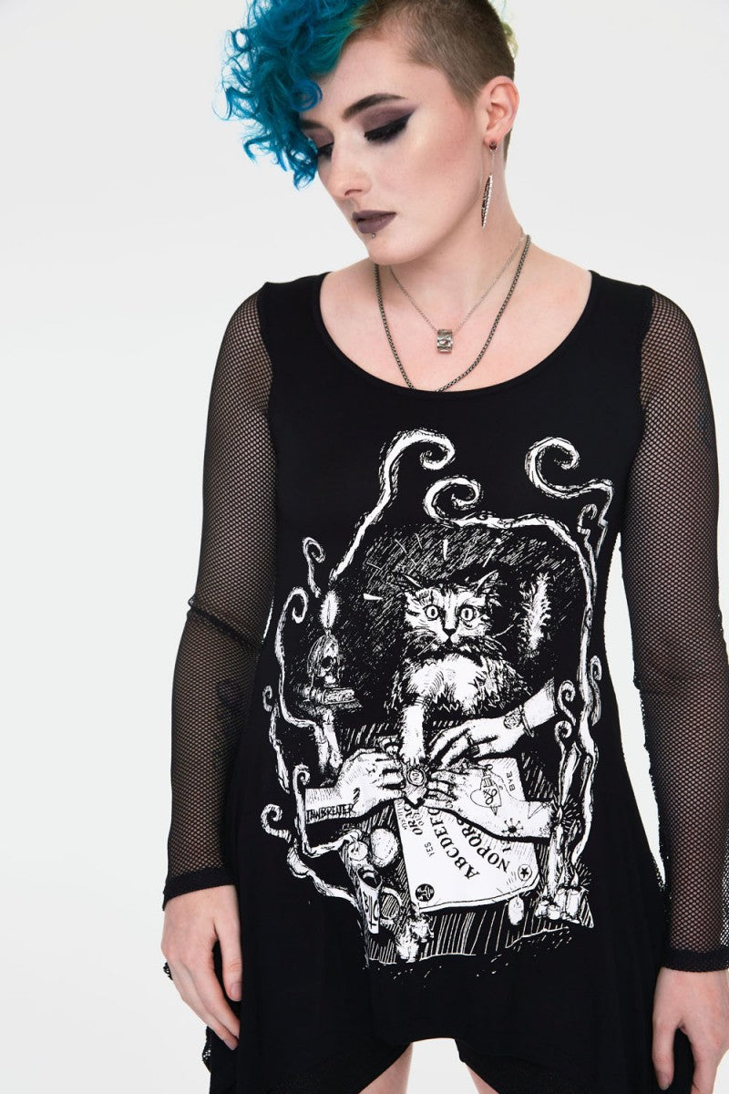 Maglia a maniche lunghe rete con stampa gatto