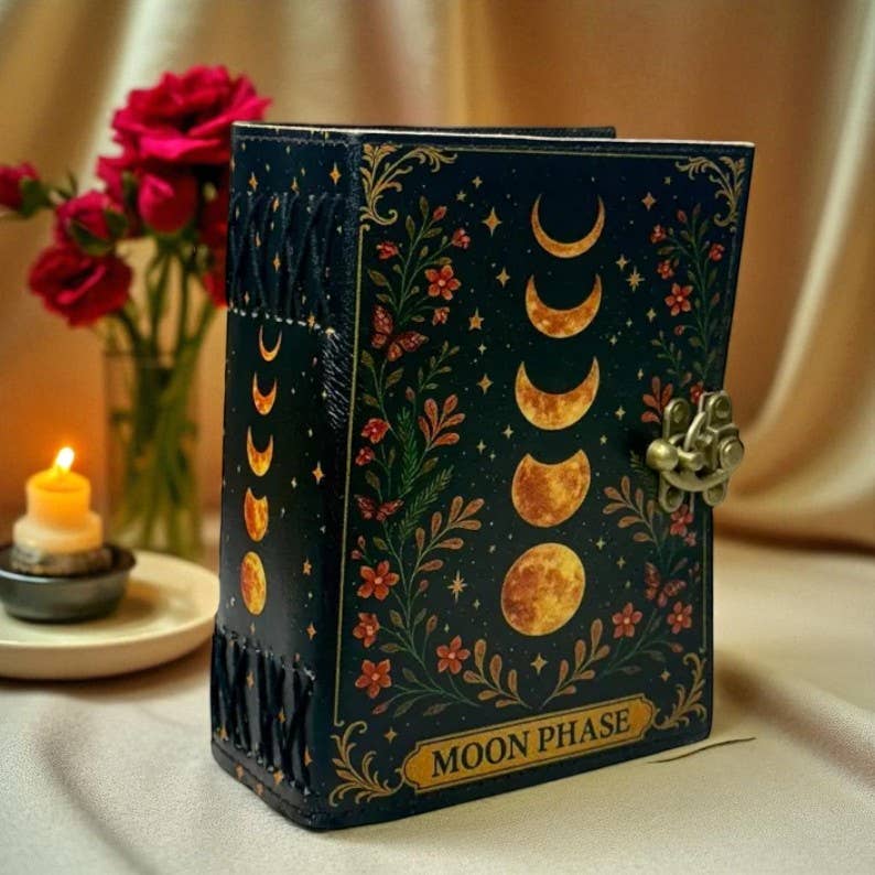Leatherooze - 🌙✨ Grimorio in Pelle con Fasi Lunari Libro di Stregoneria 5x7 pollici
