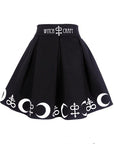 Gonna corta plissettata nera con stampa alchemica, luna, simboli "SYMBOL SKIRT"