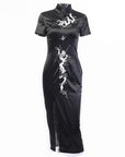 Black velvet and Chinese style sheath dress.