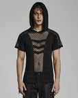 Punk rave T-shirt da uomo Punk Mesh Splice con cappuccio