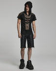 Punk rave T-shirt da uomo Punk Mesh Splice con cappuccio