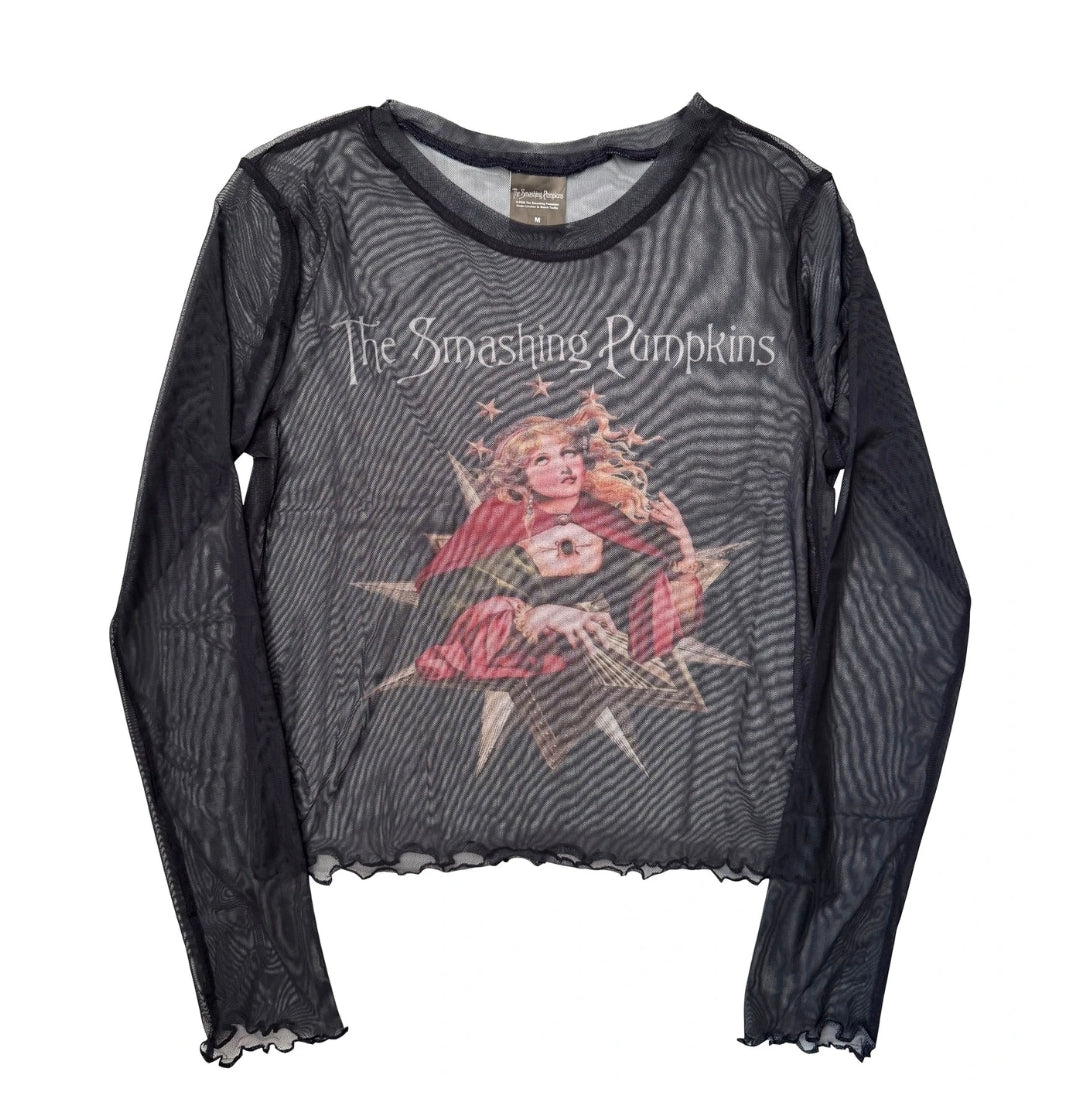 Rock Off Crop Top - The Smashing Pumpkins Ladies Long Sleeve Mesh Crop Top: Mellon Collie (Navy)