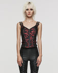 Punk rave - Gilet/Top nero con ricami rossi in stile steampunk