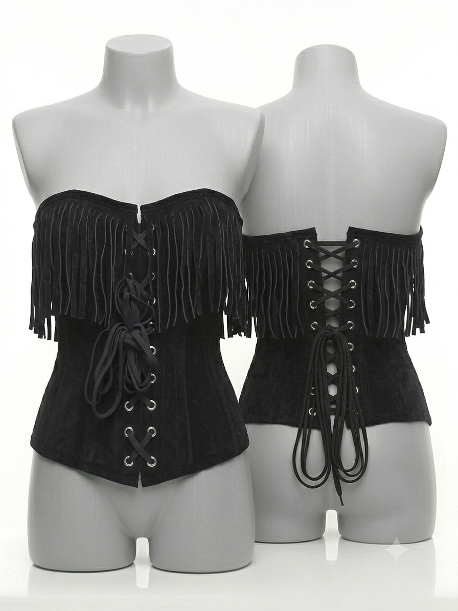 Corsetto Overbust in pelle scamosciata con frange Nero steccato (sartoriale)
