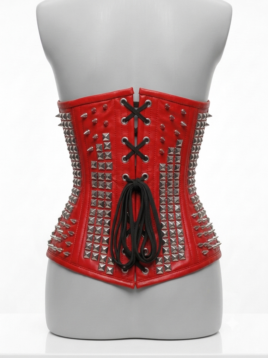 Corsetto underbust steccato in pelle e borchie Rosso (Sartoriale)