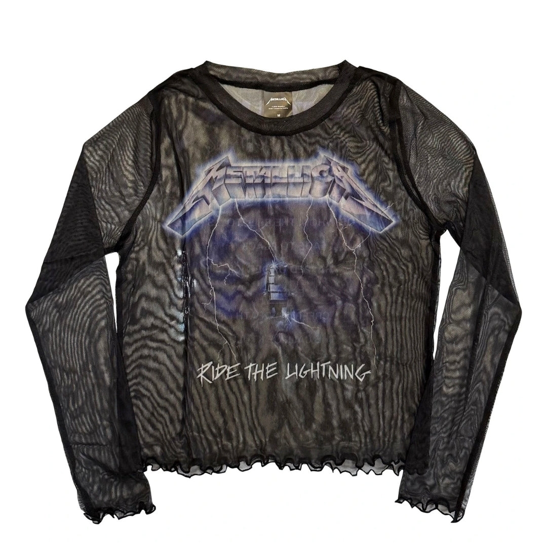 Rock Off Crop Top - Metallica Long Sleeve Mesh Crop Top: Ride The Lightning (Black) (Back Print)