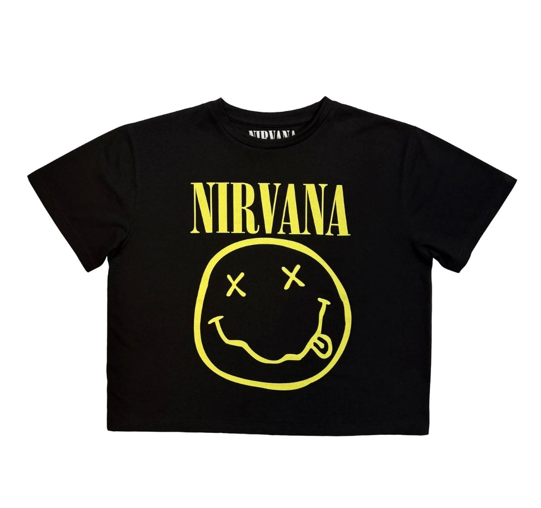 Rock Off Crop Top - Nirvana: Yellow Happy Face (Black)