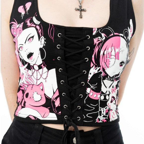 Cupcake Cult - Dollhouse Detention Top Corsetto gotico Kawaii nero con lacci