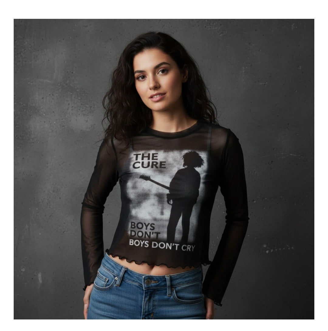 Rock Off Crop Top - The Cure Ladies Long Sleeve Mesh Crop Top: Boys Don't Cry B&amp;W (Black)