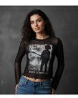 Rock Off Crop Top - The Cure Ladies Long Sleeve Mesh Crop Top: Boys Don't Cry B&W (Black)