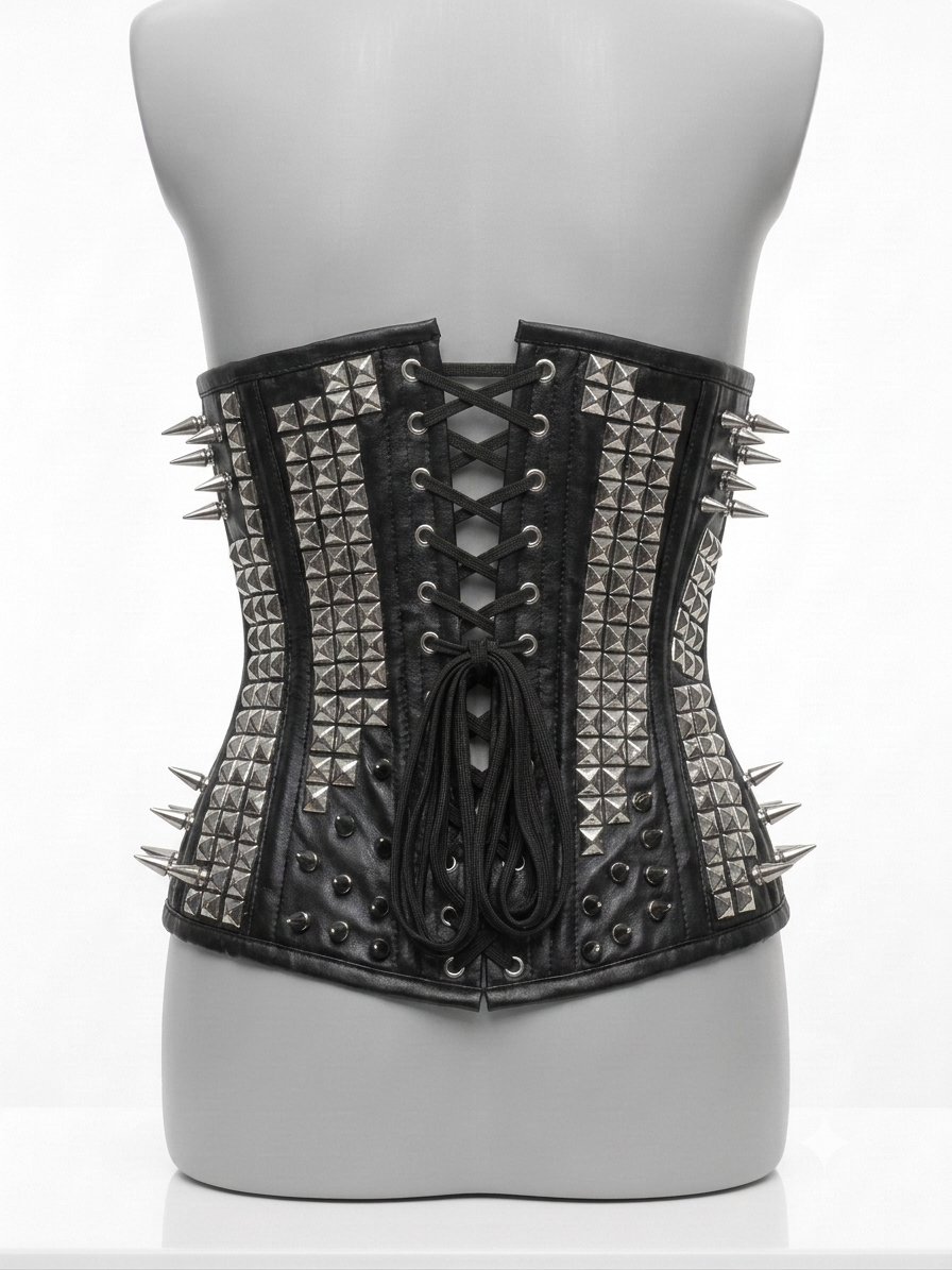 Corsetto Underbust steccato in pelle e borchie Nero (sartoriale)