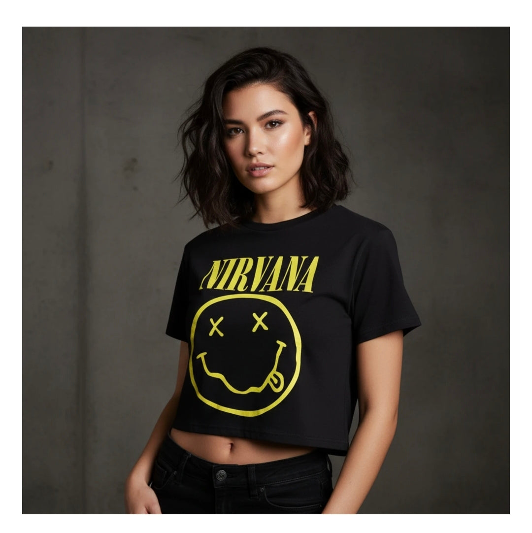 Rock Off Crop Top - Nirvana: Yellow Happy Face (Black)