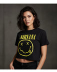 Rock Off Crop Top - Nirvana: Yellow Happy Face (Black)