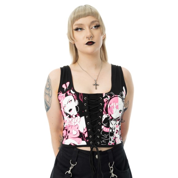 Cupcake Cult - Dollhouse Detention Top Corsetto gotico Kawaii nero con lacci