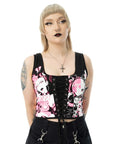 Cupcake Cult - Dollhouse Detention Top Corsetto gotico Kawaii nero con lacci