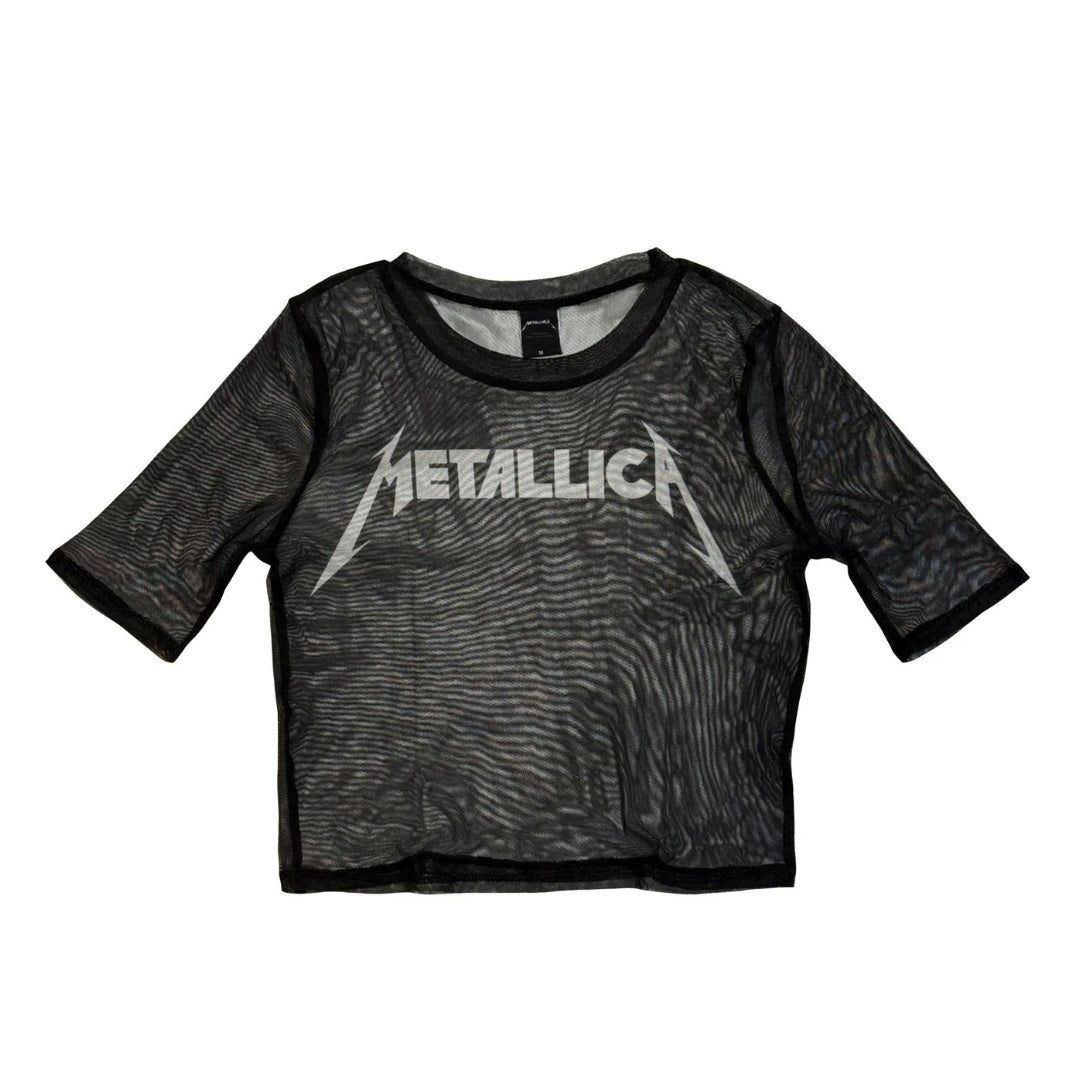 Rock Off Crop Top - Metallica Mesh Crop Top: Logo (Black)