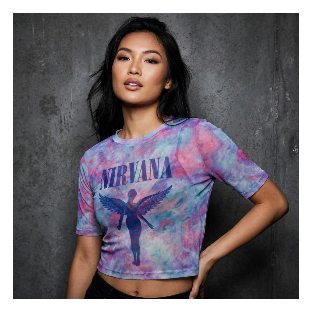 Rock Off Crop Top - Nirvana Ladies Mesh Crop Top: Angelic Blue Mono (White)