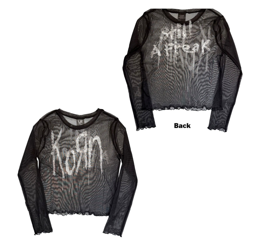 Rock Off Crop Top - Korn Ladies Long Sleeve Mesh Crop Top: Still A Freak (Black) (Front &amp; Back)