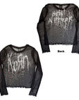 Rock Off Crop Top - Korn Ladies Long Sleeve Mesh Crop Top: Still A Freak (Black) (Front & Back)