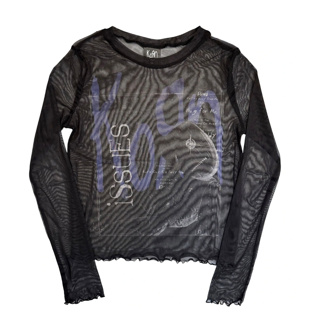 Rock Off Crop Top - Korn Ladies Long Sleeve Mesh Crop Top: Issues A Box (Black)