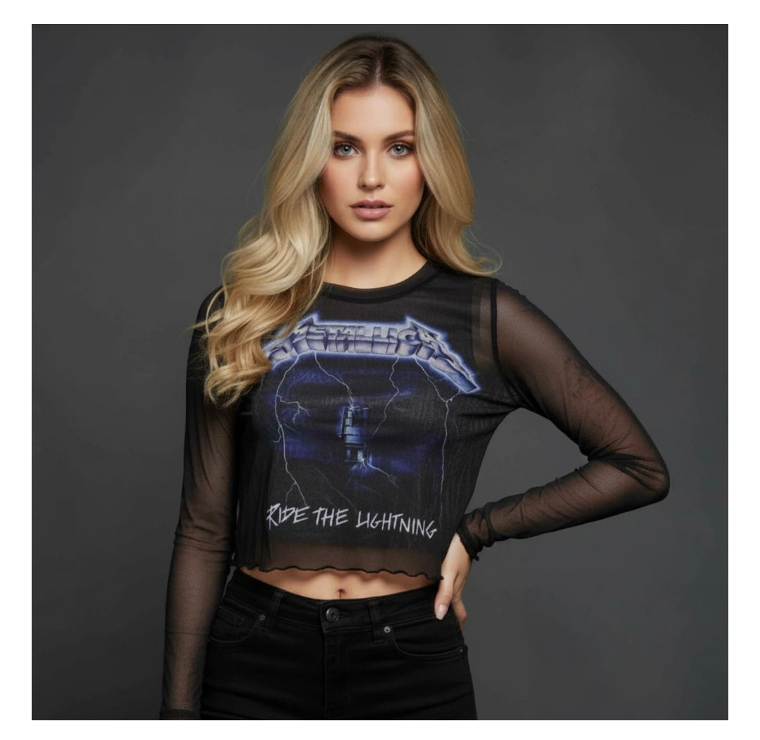 Rock Off Crop Top - Metallica Long Sleeve Mesh Crop Top: Ride The Lightning (Black) (Back Print)