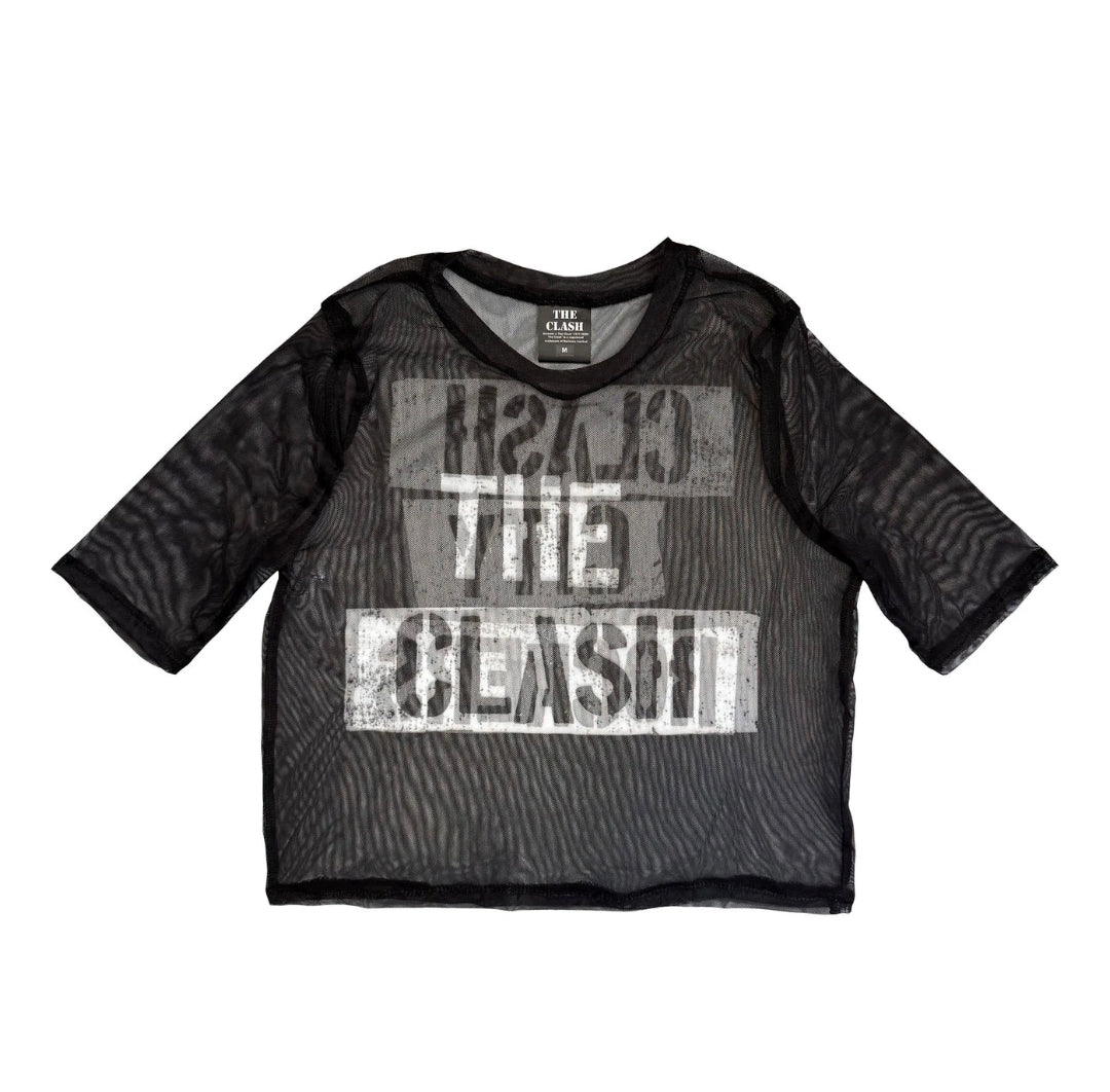 Rock Off Crop Top - The Clash Ladies Mesh Crop: City Rockers (Black) (Front &amp; Back)