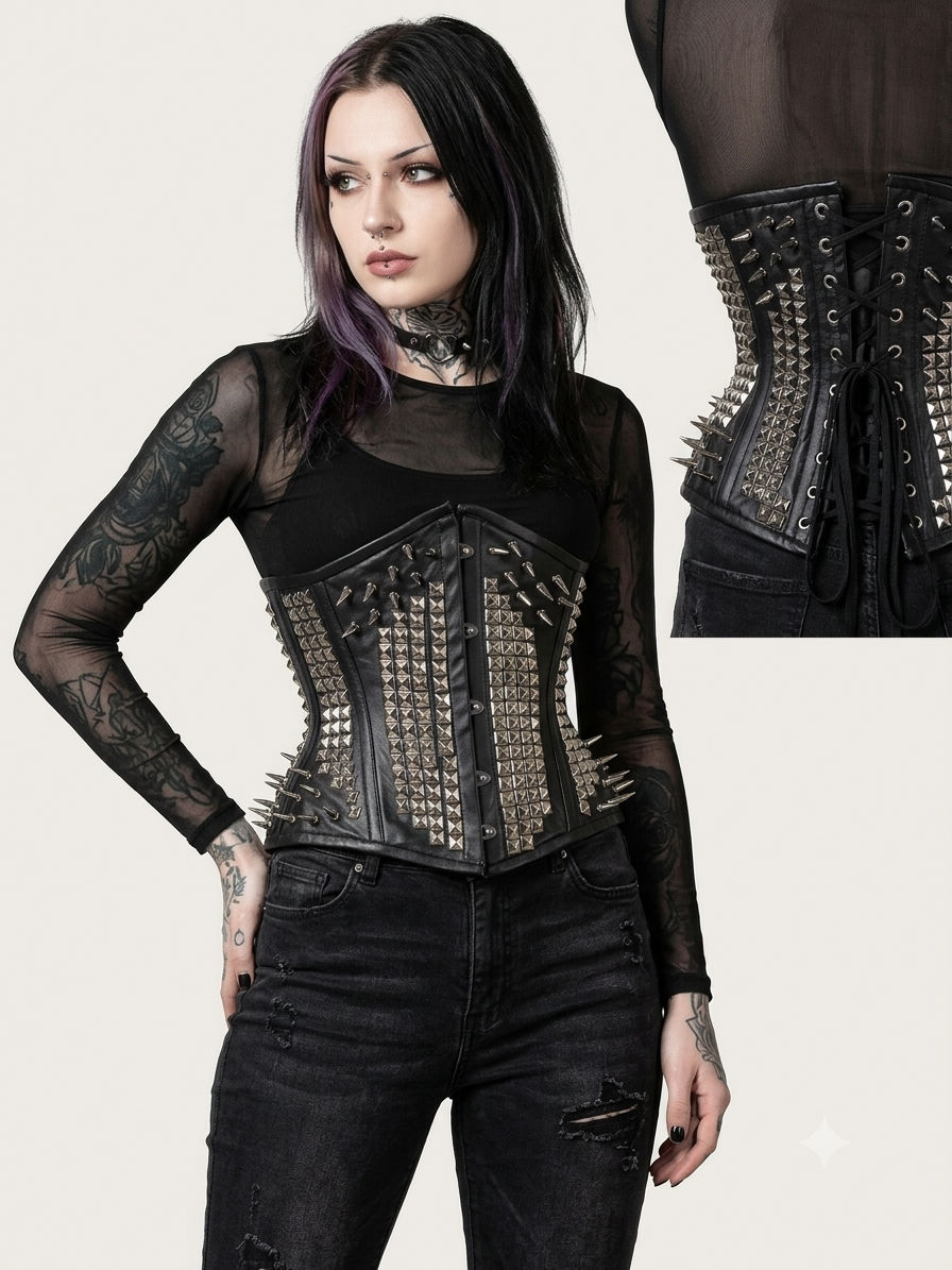 Corsetto Underbust steccato in pelle e borchie Nero (sartoriale)