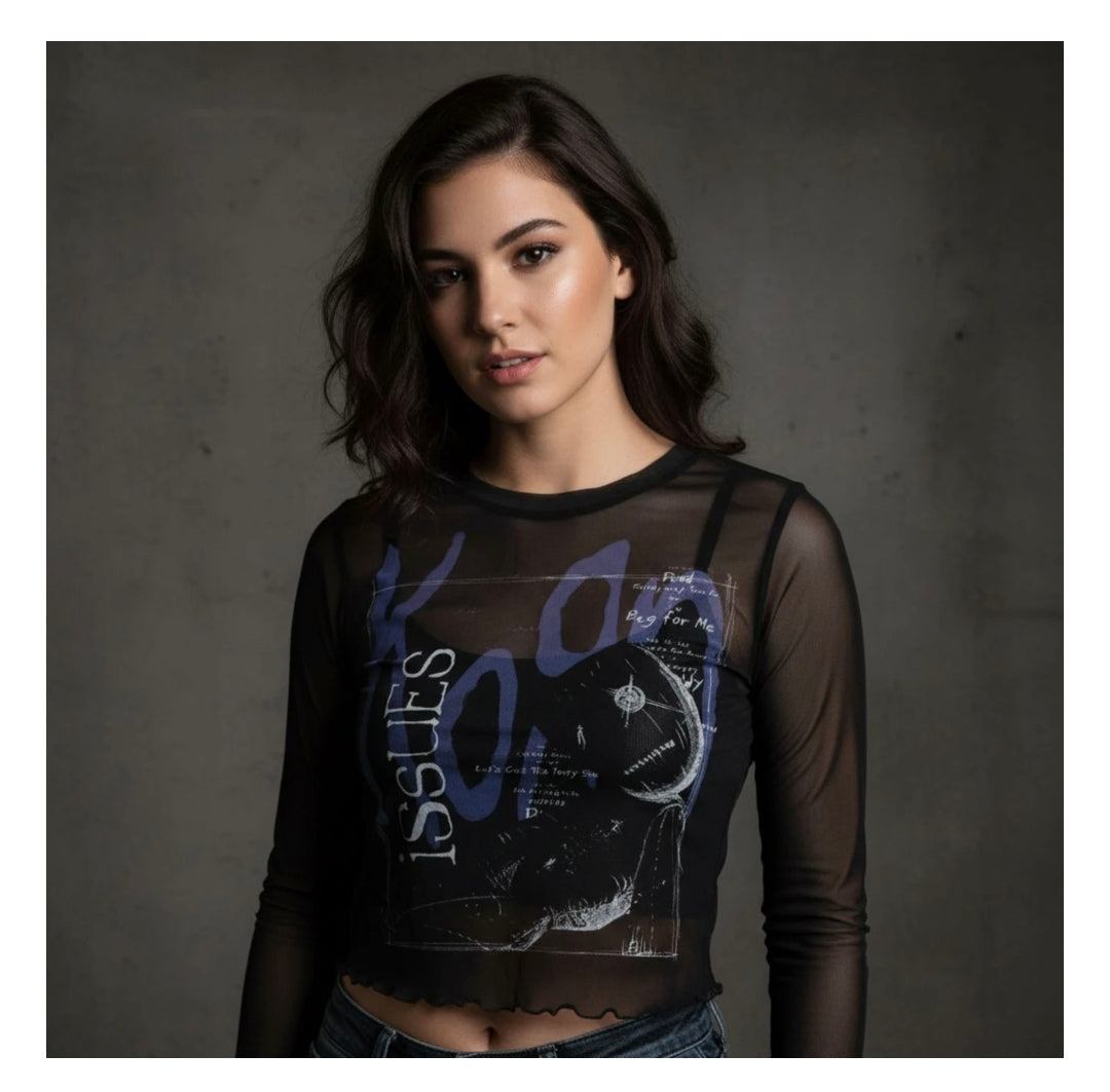 Rock Off Crop Top - Korn Ladies Long Sleeve Mesh Crop Top: Issues A Box (Black)