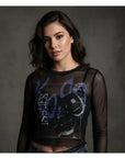 Rock Off Crop Top - Korn Ladies Long Sleeve Mesh Crop Top: Issues A Box (Black)