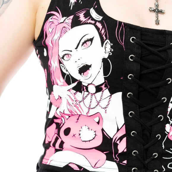 Cupcake Cult - Dollhouse Detention Top Corsetto gotico Kawaii nero con lacci