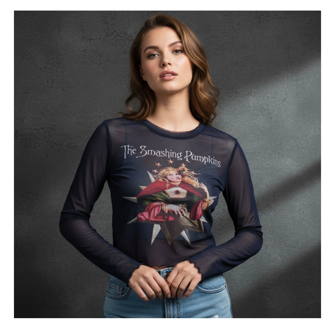 Rock Off Crop Top - The Smashing Pumpkins Ladies Long Sleeve Mesh Crop Top: Mellon Collie (Navy)