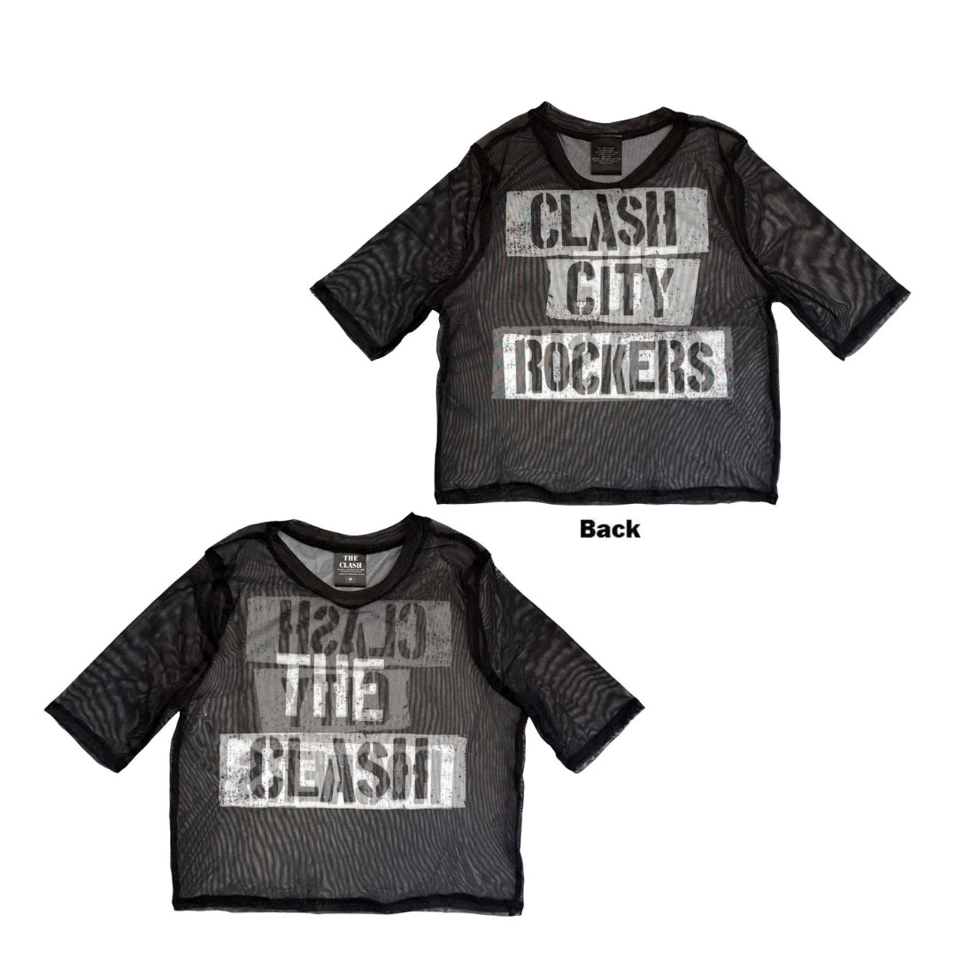 Rock Off Crop Top - The Clash Ladies Mesh Crop: City Rockers (Black) (Front &amp; Back)