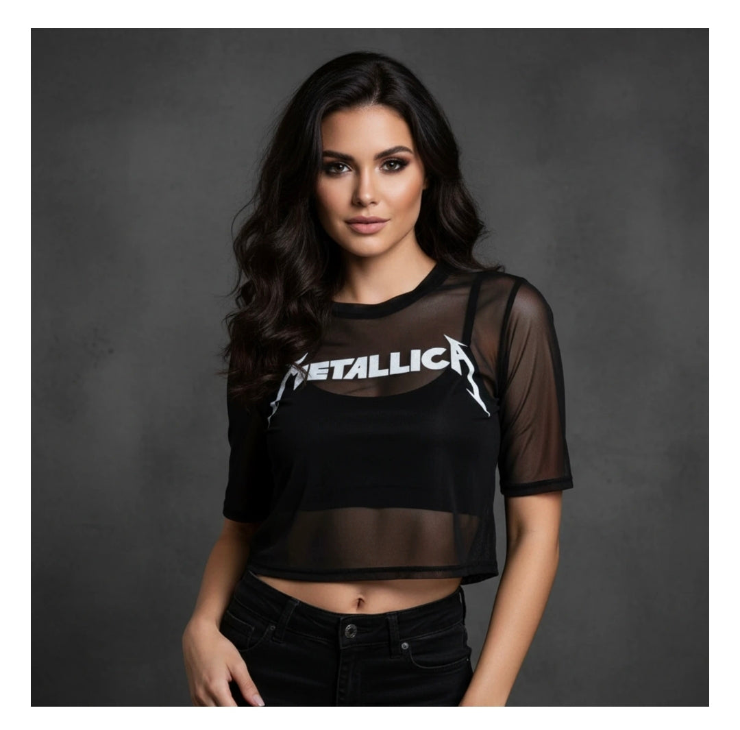 Rock Off Crop Top - Metallica Mesh Crop Top: Logo (Black)