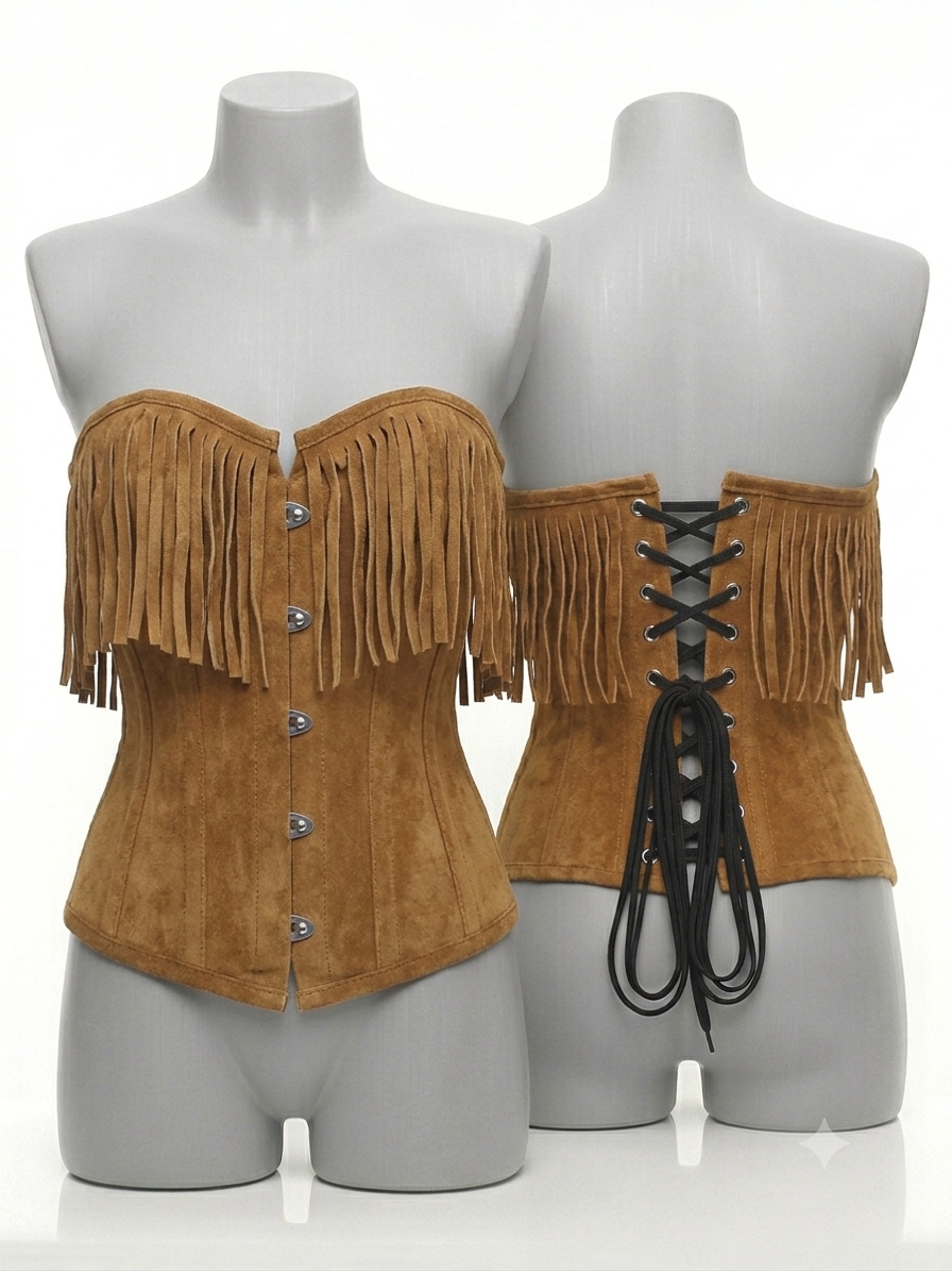 Corsetto Overbust in pelle scamosciata con frange Beige scuro steccato (Sartoriale)