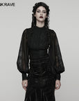 Punk Rave - Camicia nera in chiffon ricamato con maniche a sbuffo