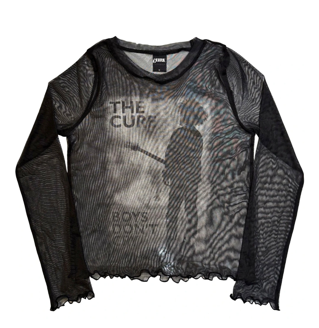 Rock Off Crop Top - The Cure Ladies Long Sleeve Mesh Crop Top: Boys Don't Cry B&amp;W (Black)