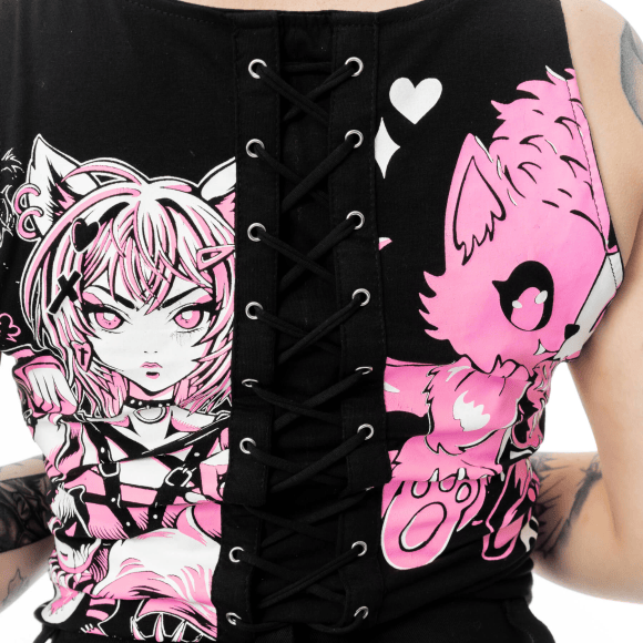 Cupcake Cult - Dollhouse Detention Top Corsetto gotico Kawaii nero con lacci