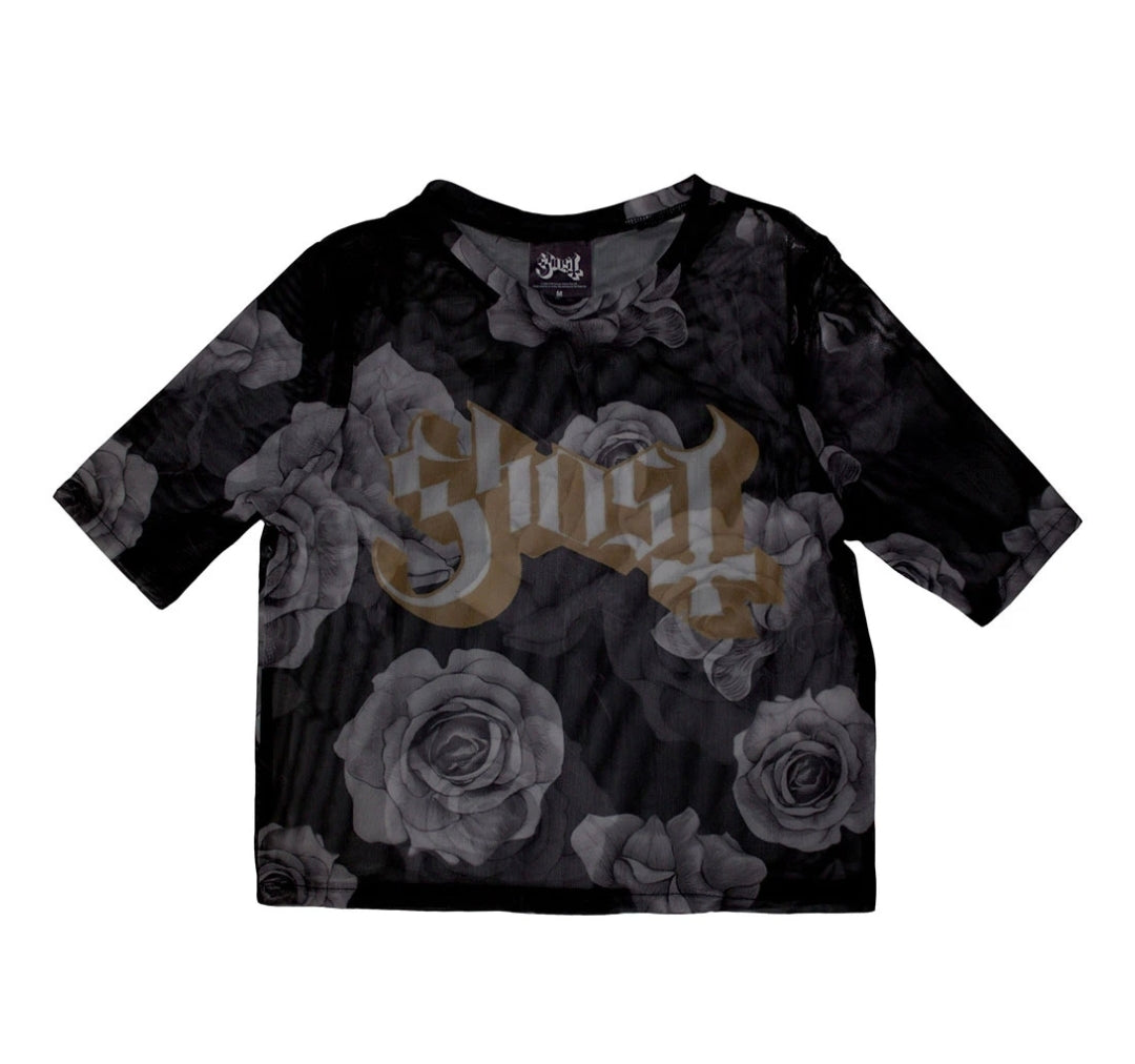 Rock Off Crop Top - Ghost  Mesh Crop Top: Logo &amp; Roses (Black) :