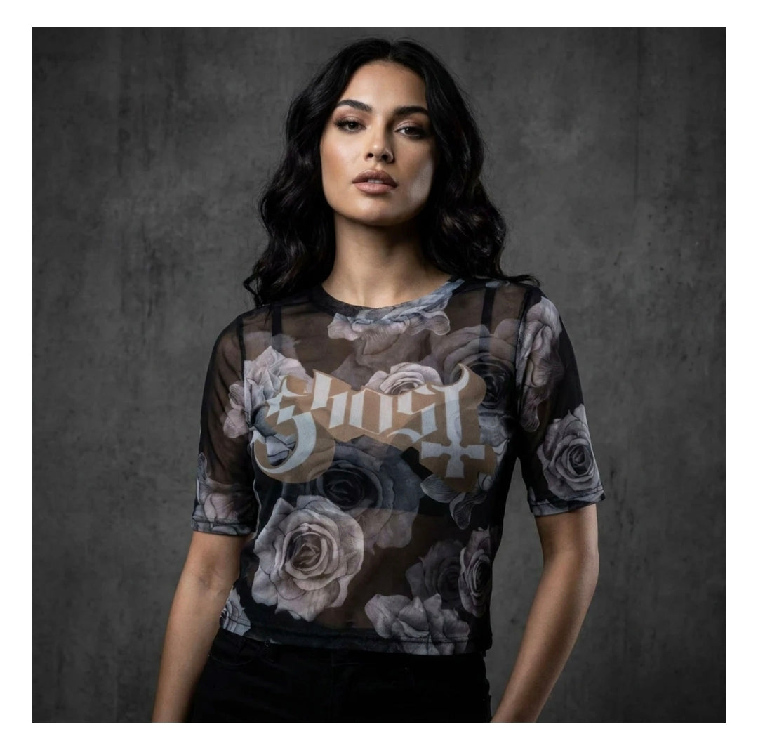 Rock Off Crop Top - Ghost  Mesh Crop Top: Logo &amp; Roses (Black) :