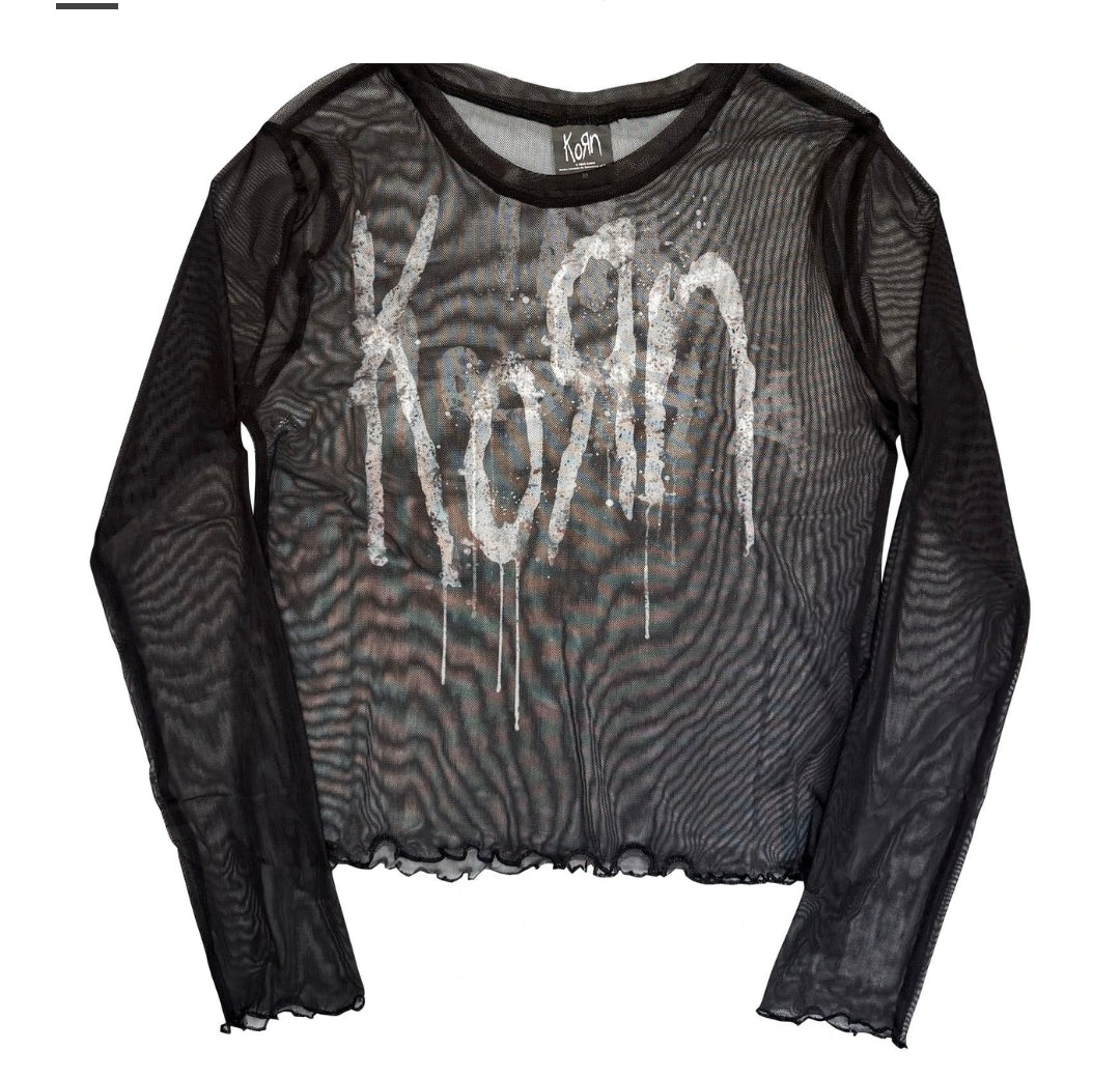 Rock Off Crop Top - Korn Ladies Long Sleeve Mesh Crop Top: Still A Freak (Black) (Front &amp; Back)