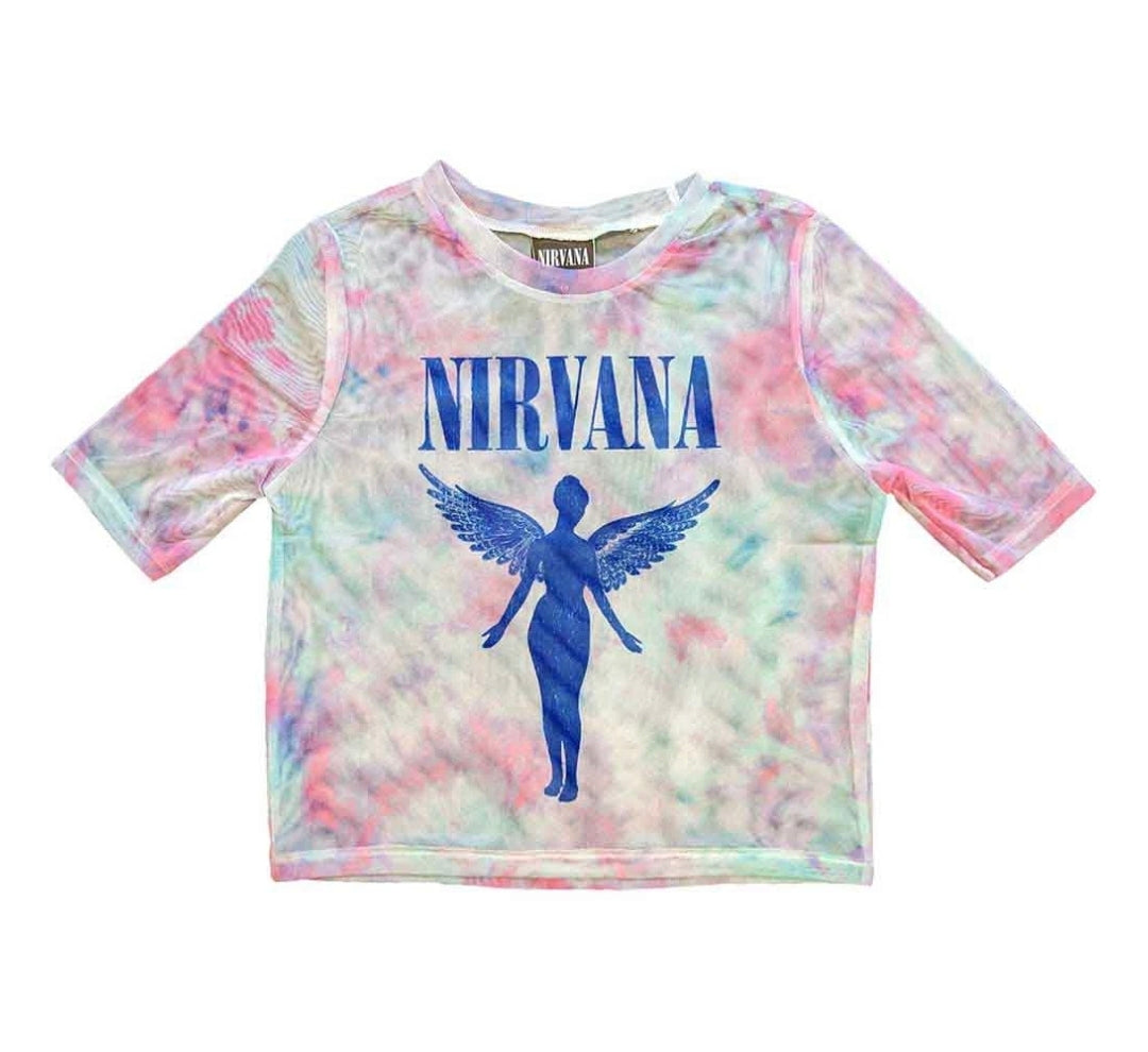 Rock Off Crop Top - Nirvana Ladies Mesh Crop Top: Angelic Blue Mono (White)